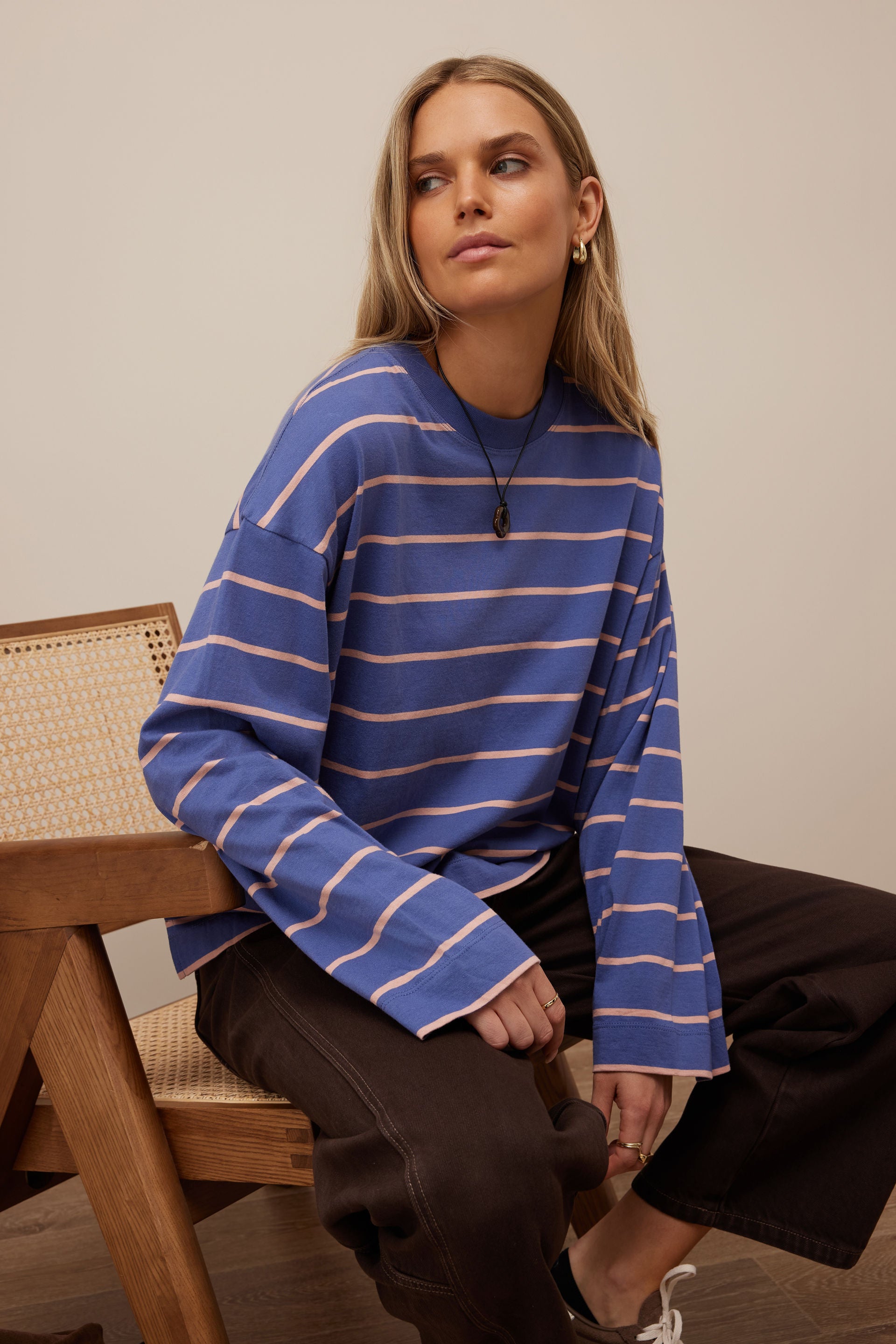 Ceres Life | Beau Long Sleeve Slouchy Tee - Washed Navy/Pink Clay