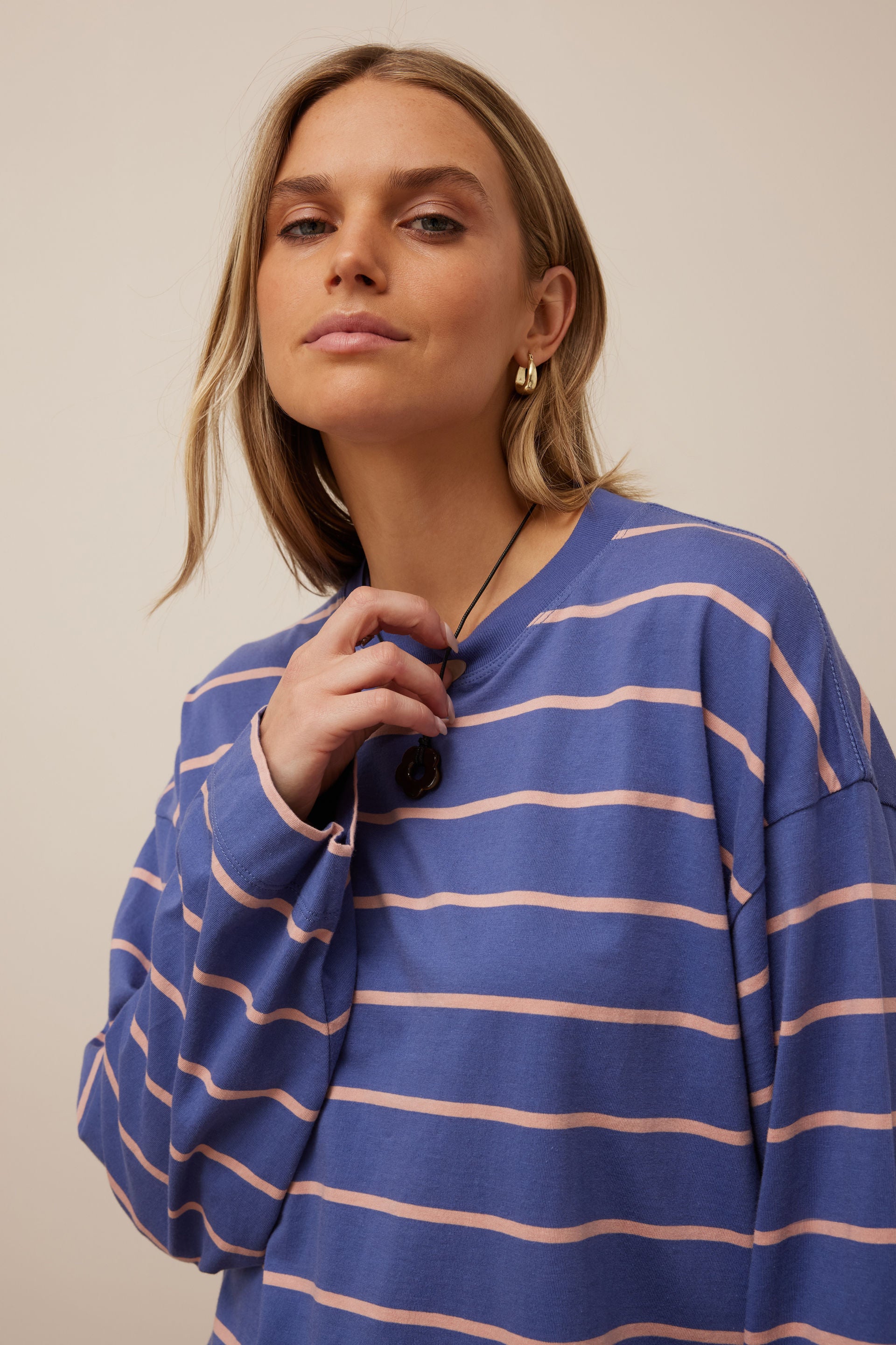Ceres Life | Beau Long Sleeve Slouchy Tee - Washed Navy/Pink Clay
