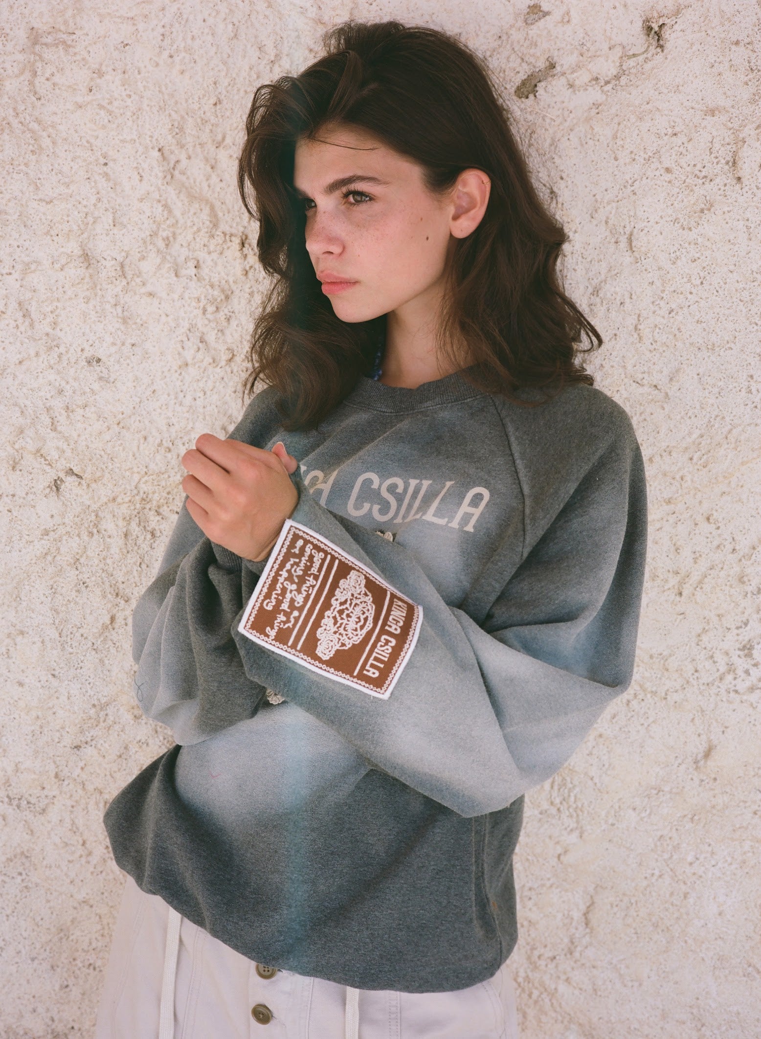 Kinga Csilla Day Hearts Med Jumper in grey marle — oversized sweatshirt with crochet lace heart motif and Kinga Csilla chest print