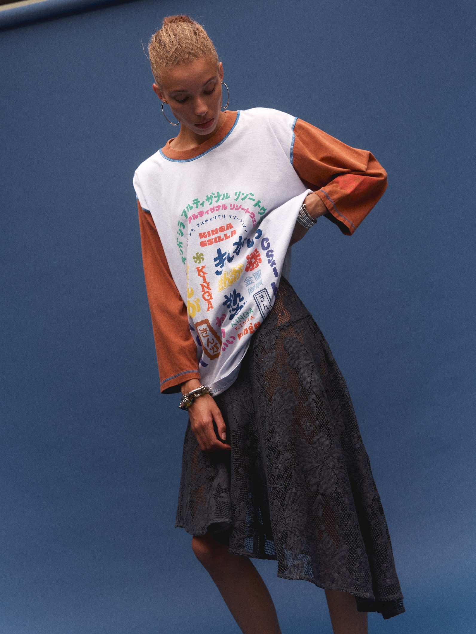 Kinga Csilla Midnight Lace Notte Skirt in midnight — semi-sheer botanical lace skirt, relaxed waistband and flared silhouette