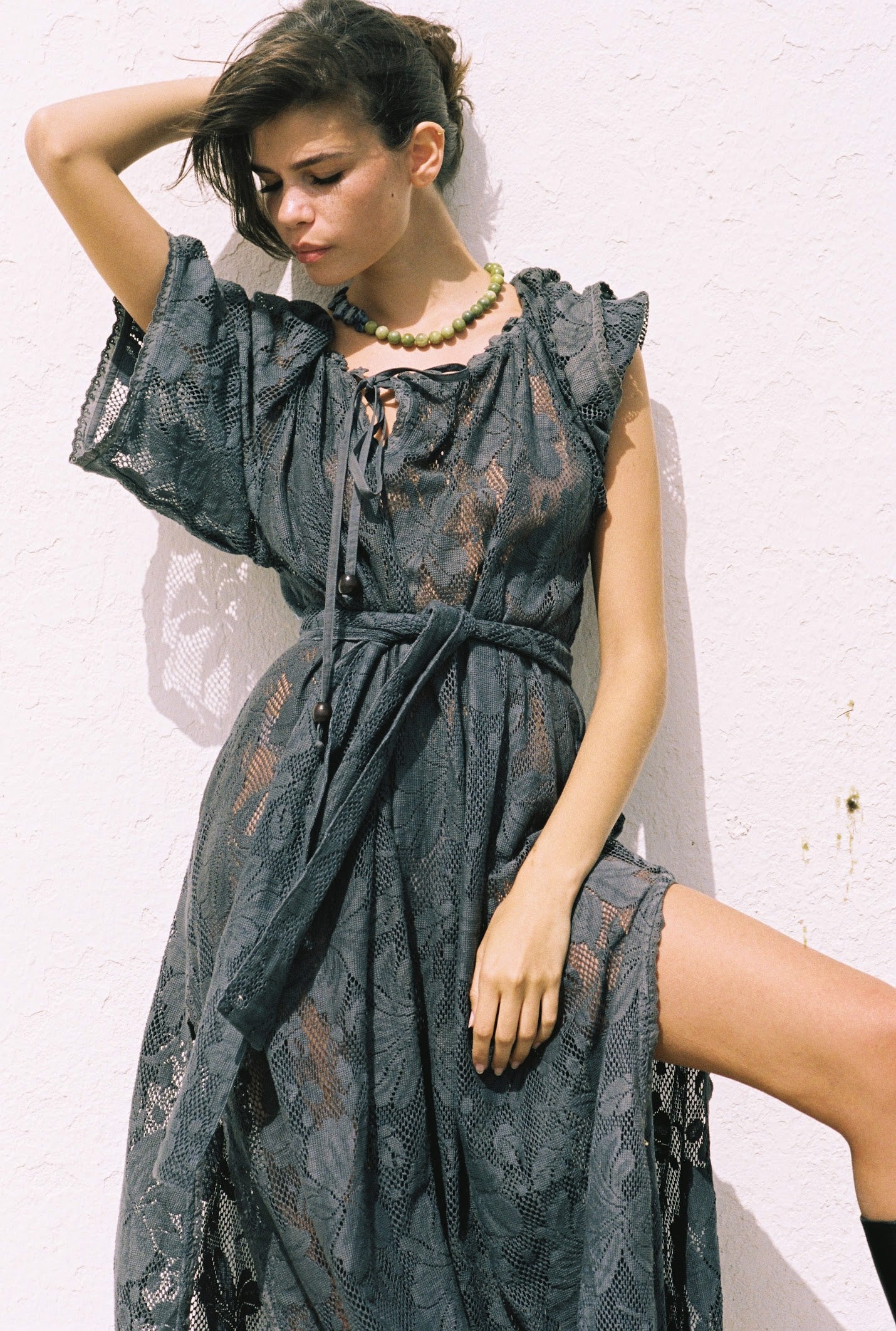 Kinga Csilla Midnight Lace Primavera Maxi Dress in midnight — voluminous botanical lace maxi dress with wide V-neck and gathered ruffled trim