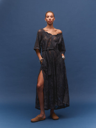 Kinga Csilla Midnight Lace Primavera Maxi Dress in midnight — studio detail shot of lace texture and elbow-length sleeves