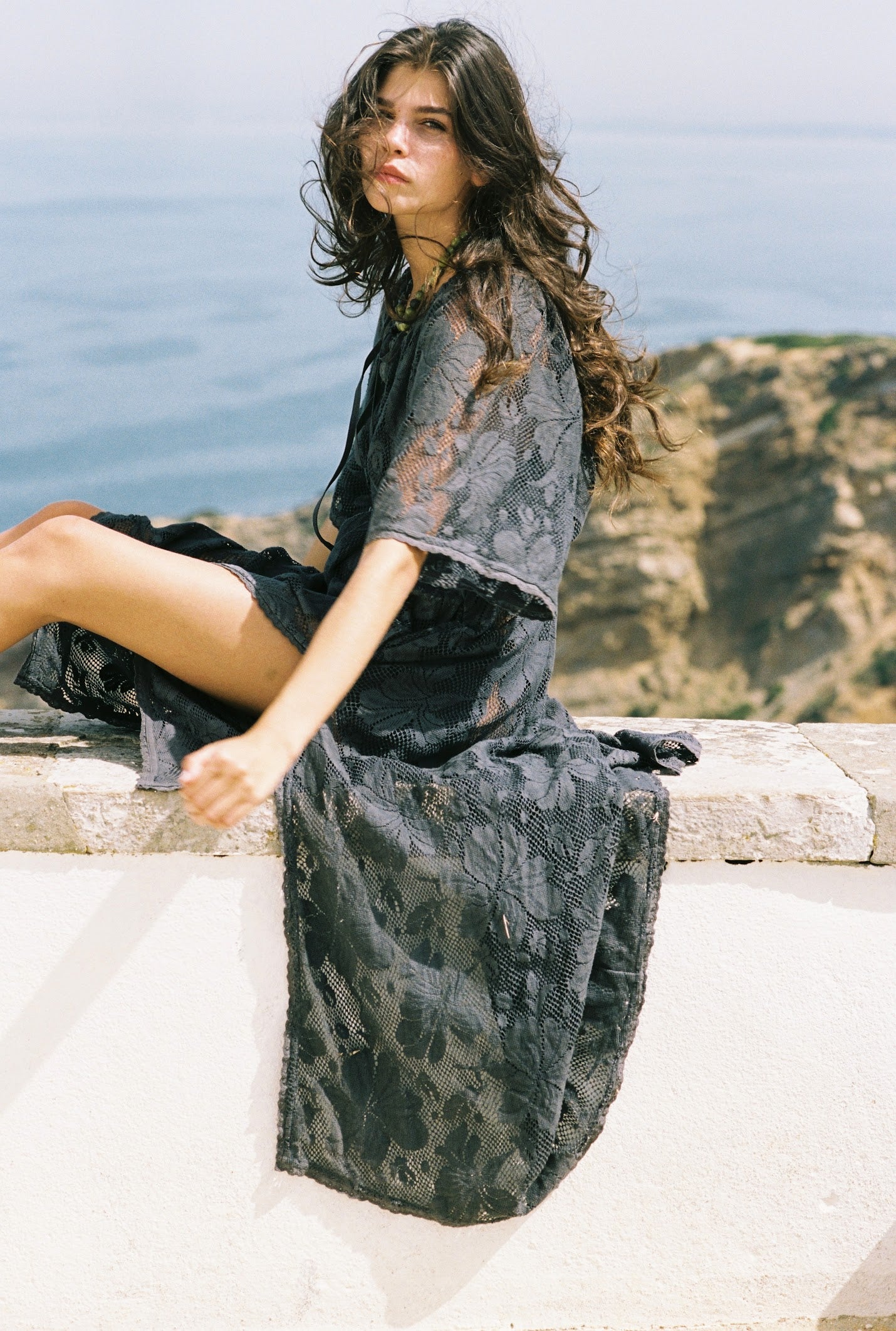 Kinga Csilla Midnight Lace Primavera Maxi Dress in midnight — waist tied for a defined silhouette, Domenica Collection