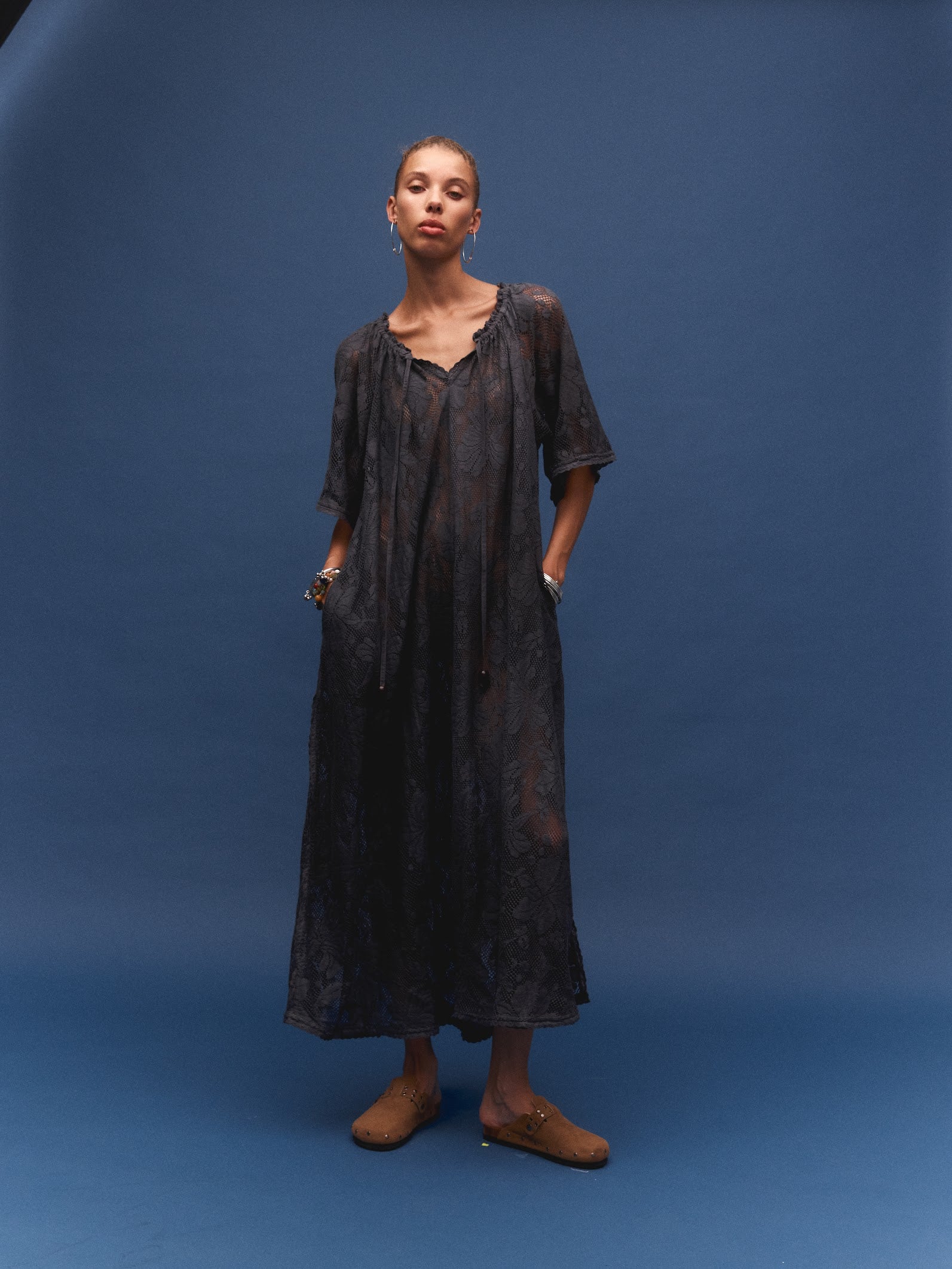 Kinga Csilla Midnight Lace Primavera Maxi Dress in midnight — layered under Rally Quilted Cocoon Jacket, Domenica Collection