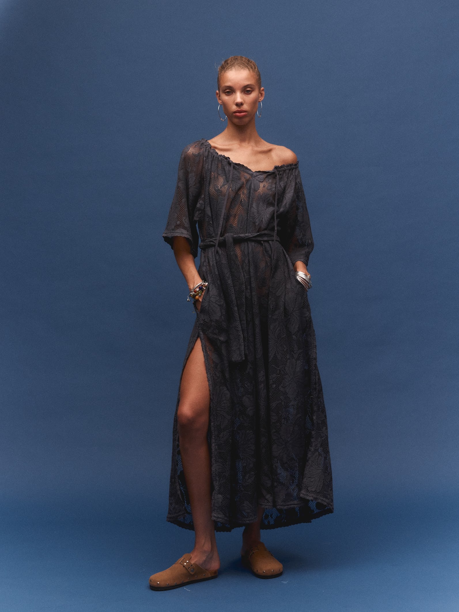 Kinga Csilla Midnight Lace Primavera Maxi Dress in midnight — semi-sheer midnight lace with botanical pattern, maxi length