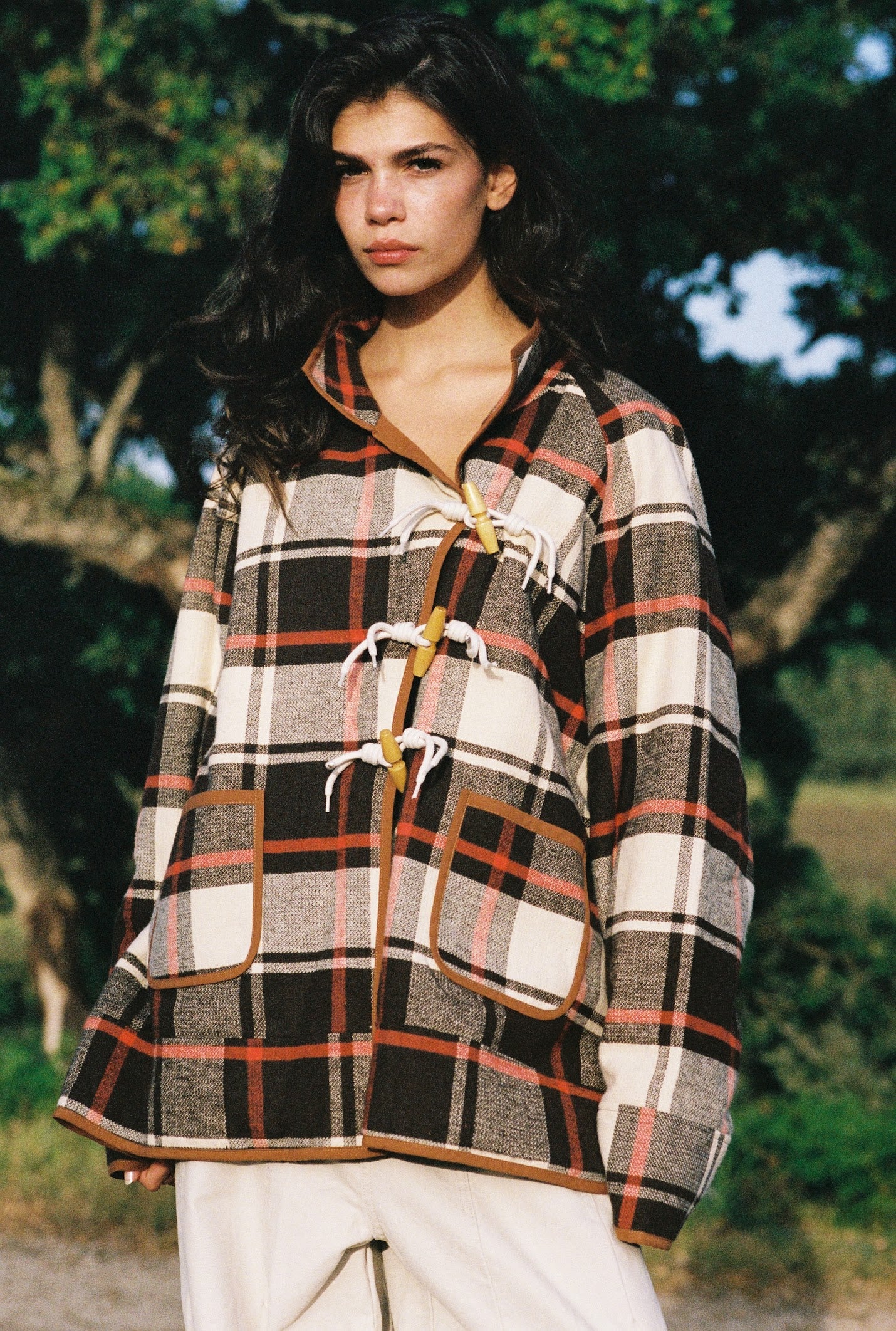 Kinga Csilla Rally Quilted Cocoon Jacket in tartan check — worn open over Midnight Lace Primavera Maxi Dress, Domenica Collection
