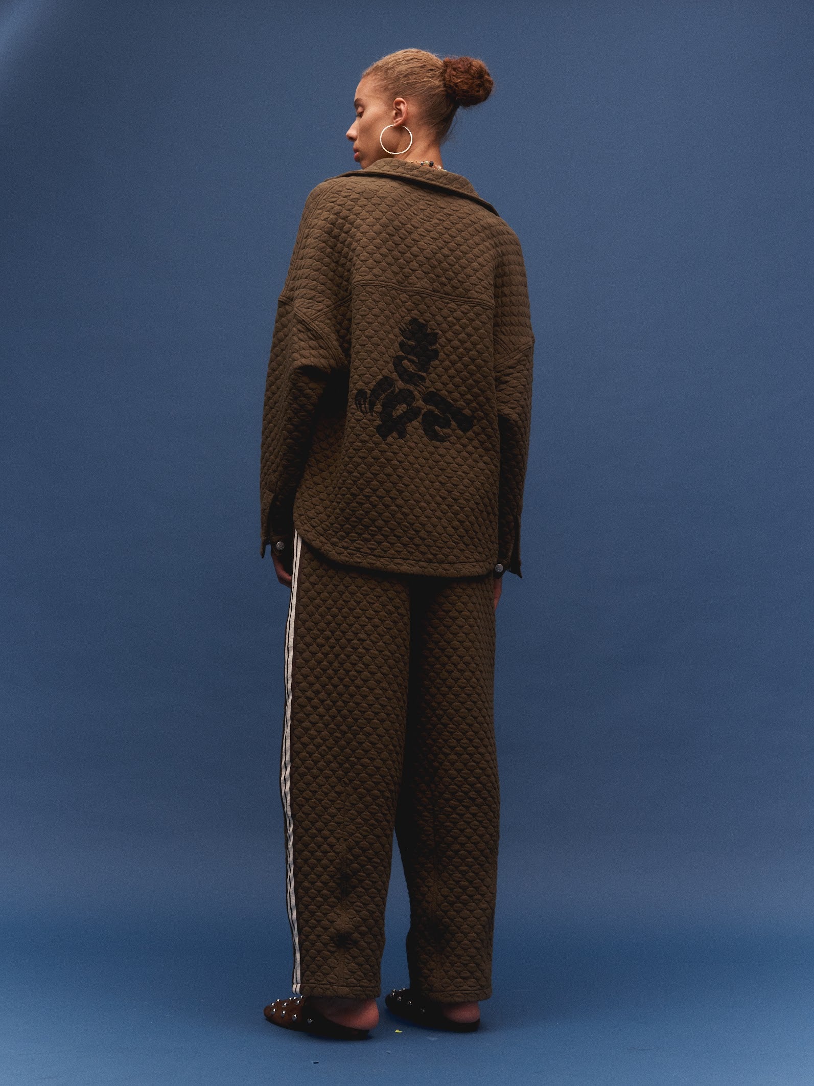 Kinga Csilla Sabbia Quilted Double Pocket Shirt in dark brown — full-length view of oversized quilted overshirt