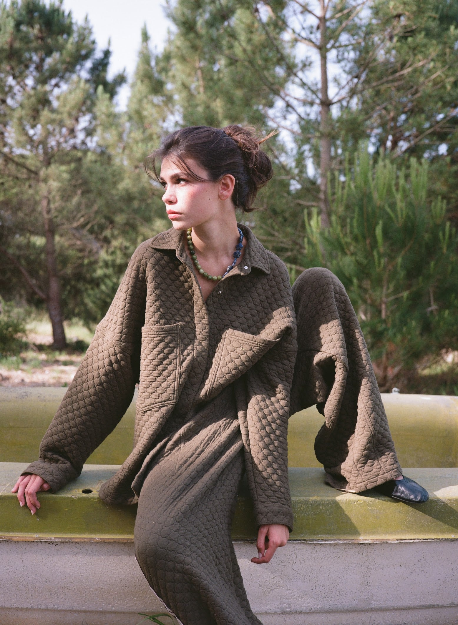 Kinga Csilla Sabbia Quilted Double Pocket Shirt in olive — oversized diamond-quilted shirt with snap button front and double chest pockets