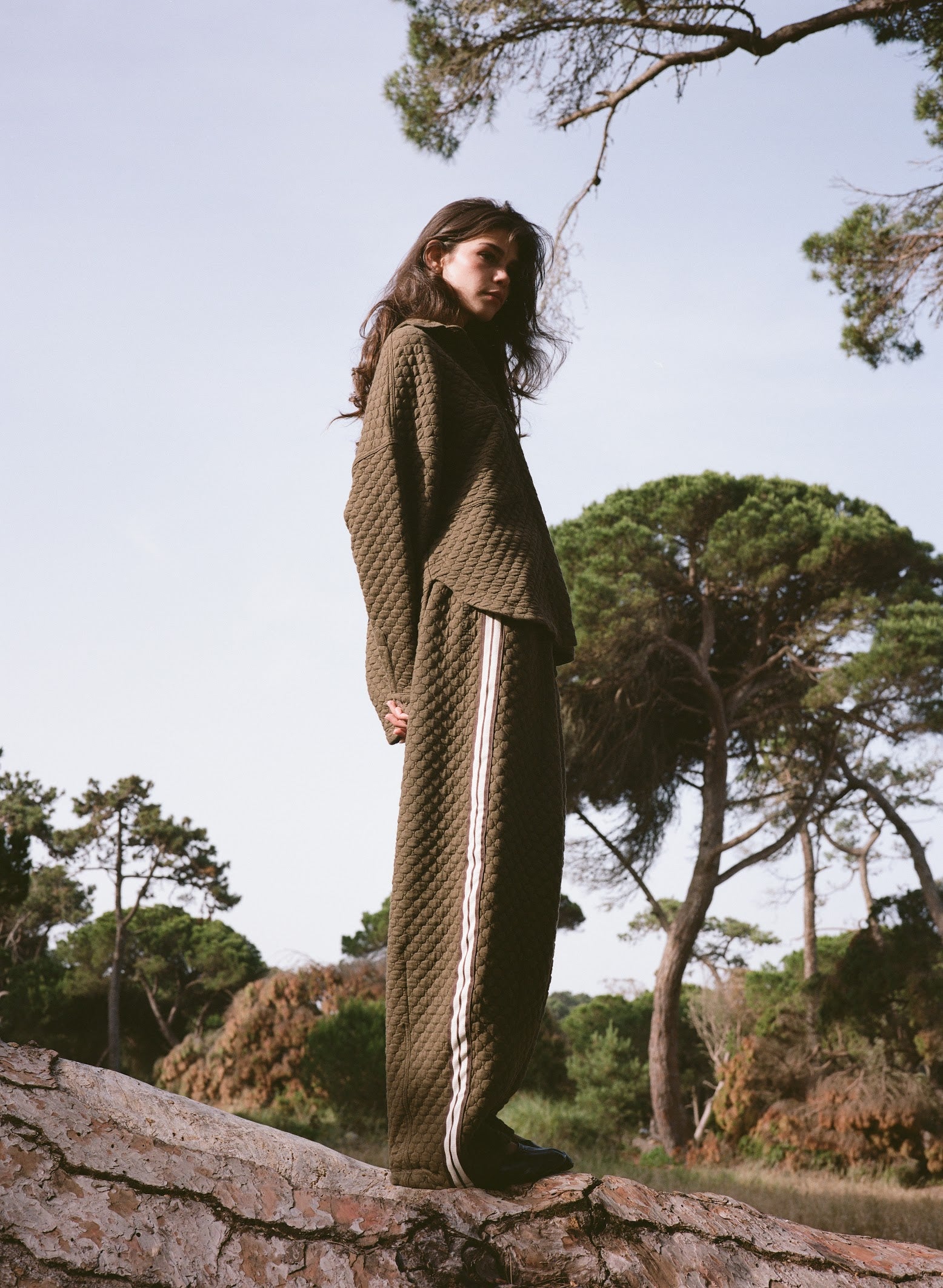 Kinga Csilla Sabbia Quilted Balloon Pant in olive — styled as a set with Sabbia Quilted Double Pocket Shirt, Domenica Collection