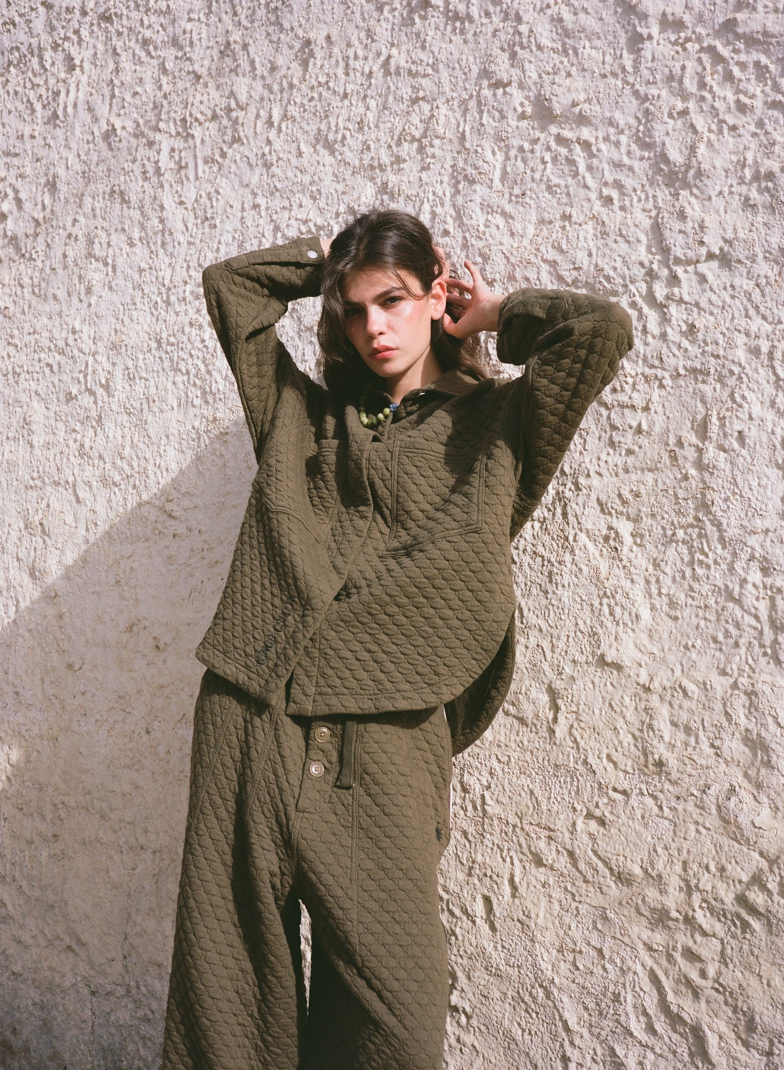 Kinga Csilla Sabbia Quilted Double Pocket Shirt in olive — styled as a set with Sabbia Quilted Balloon Pant