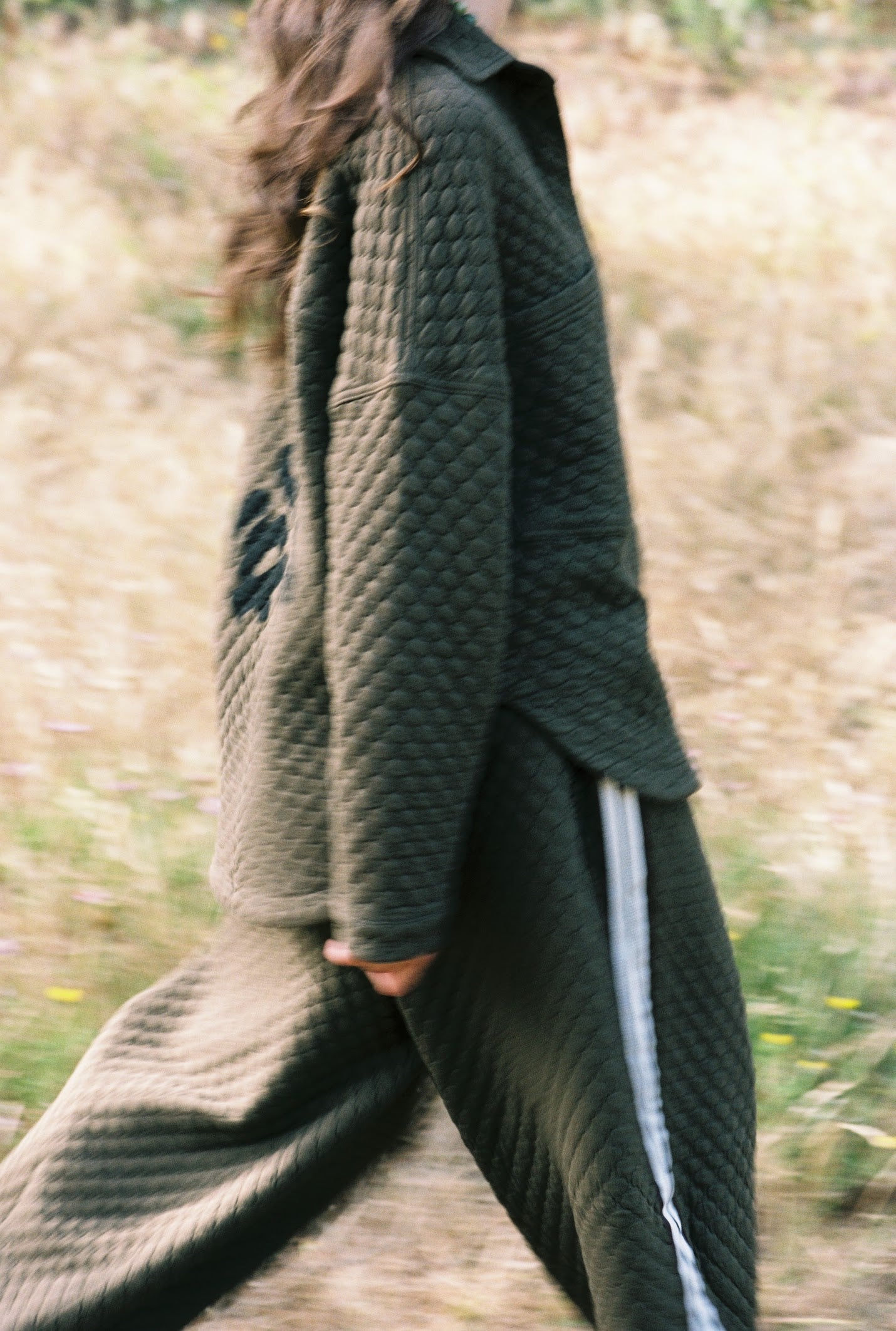 Kinga Csilla Sabbia Quilted Balloon Pant in olive — campaign image, Portugal, Domenica Collection