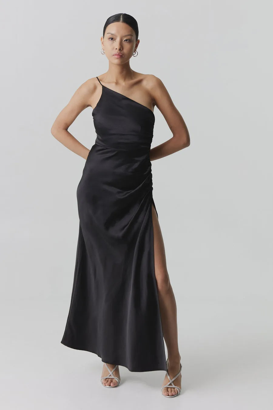 Third Form | Satin Gather One Shoulder Dress - Black
